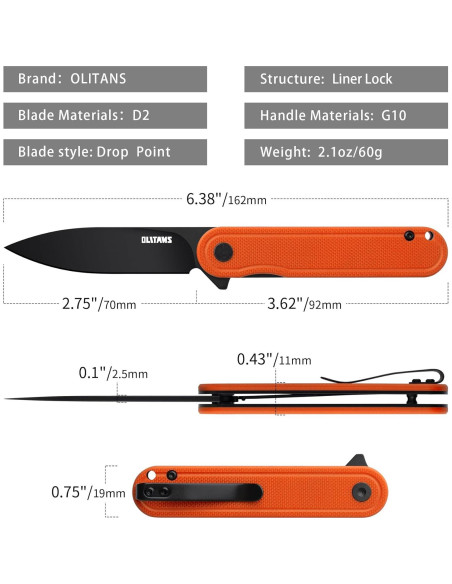 Cuchillo de bolsillo OLITANS G040, acero D2 6.99 cm, mango G10