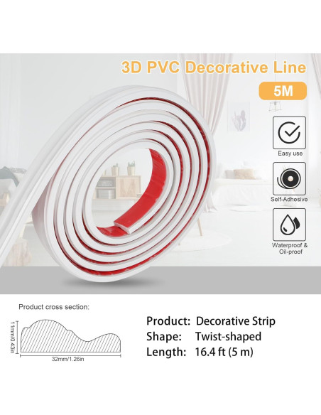 Moldura de Recorte de Pared Autoadhesiva Buulea 3m PVC Blanco Moldura de Recorte de Pared Autoadhesiva Buulea 3m PVC Blanco