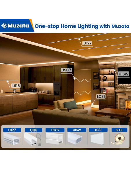 Canal LED Muzata U1SW 1M Aluminio Plata con Cubierta Blanca