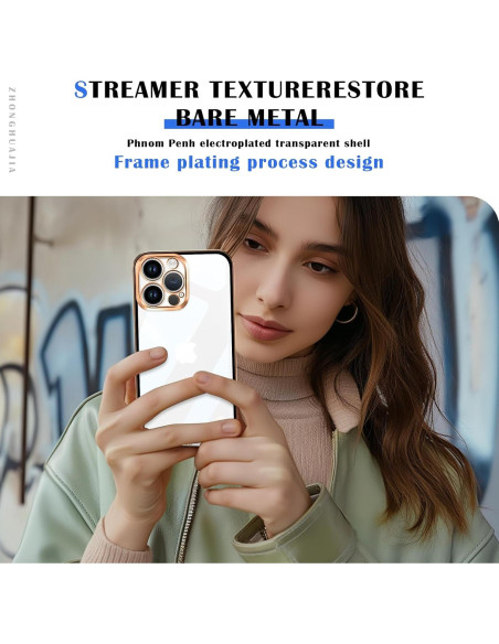 Funda protectora para iPhone 13 Pro ZHONGHUAJIA clara con borde dorado