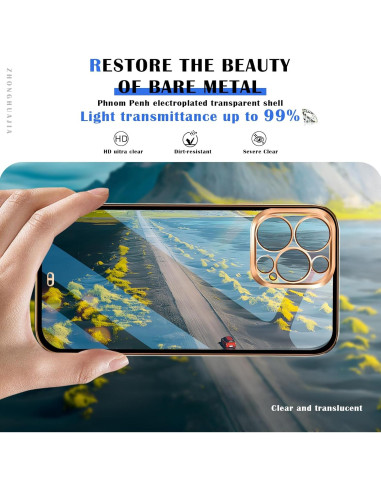 Funda protectora para iPhone 13 Pro ZHONGHUAJIA clara con borde dorado