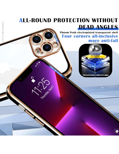 Funda protectora para iPhone 13 Pro ZHONGHUAJIA clara con borde dorado