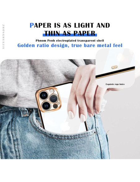 Funda protectora para iPhone 13 Pro ZHONGHUAJIA clara con borde dorado