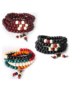 Juego de 3 Pulseras de Madera Mala Beads 108 Cuentas Budistas