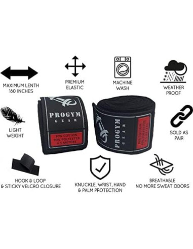Vendajes de Mano de Boxeo ProGym Gear 4.5m Elásticos Negros