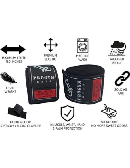 Vendajes de Mano de Boxeo ProGym Gear 4.5m Elásticos Negros