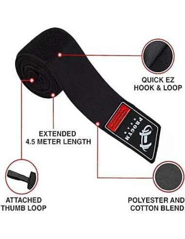 Vendajes de Mano de Boxeo ProGym Gear 4.5m Elásticos Negros