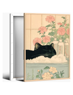 Póster Japonés Gato Negro en Baño 20x30cm Lienzo Decorativo