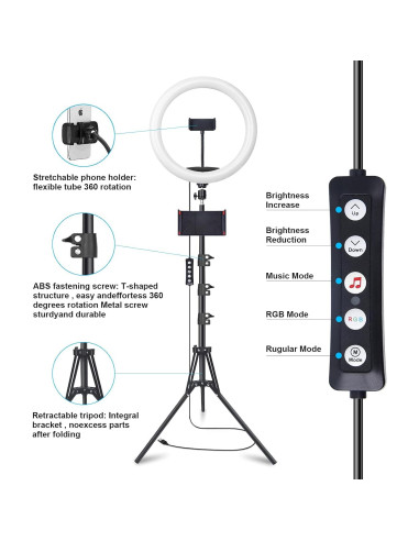 Anillo de Luz LED Herrfilk 33cm con Trípode 193cm y 48 Colores