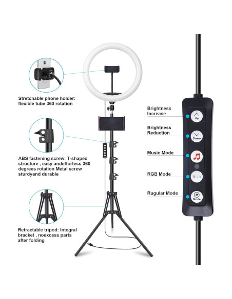 Anillo de Luz LED Herrfilk 33cm con Trípode 193cm y 48 Colores