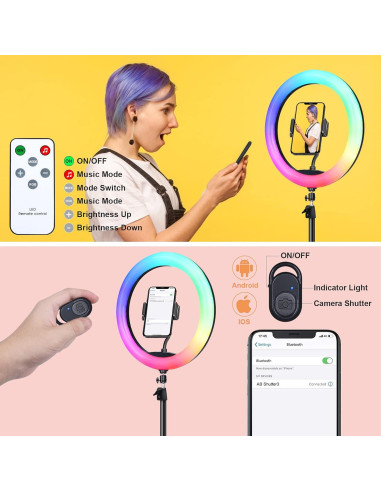 Anillo de Luz LED Herrfilk 33cm con Trípode 193cm y 48 Colores