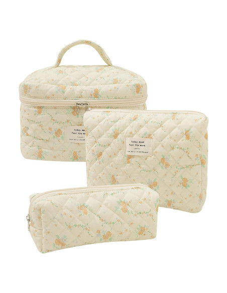Bolsa de Maquillaje Floral Acolchada 3PCS Algodón Durazno Bolsa de Maquillaje Floral Acolchada 3PCS Algodón Durazno