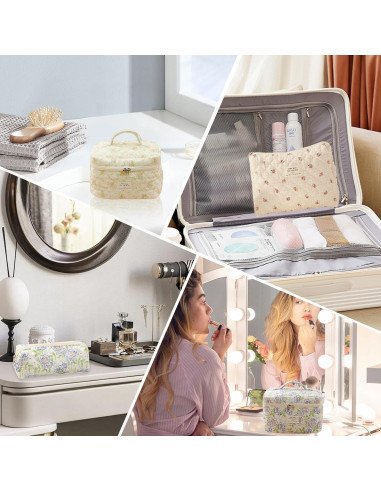 Bolsa de Maquillaje Floral Acolchada 3PCS Algodón Durazno