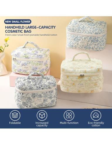 Bolsa de Maquillaje Floral Acolchada 3PCS Algodón Durazno