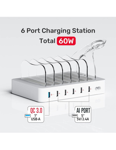 Estación de Carga Rápida Unitek 60W 6 Puertos QC3.0