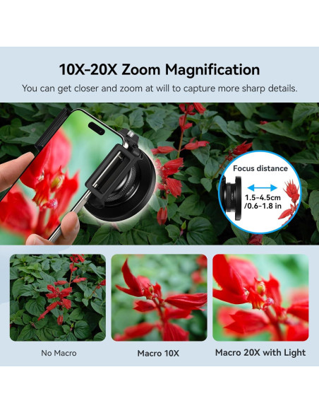 Lente Macro APEXEL 10-20X para iPhone y Android con Luz