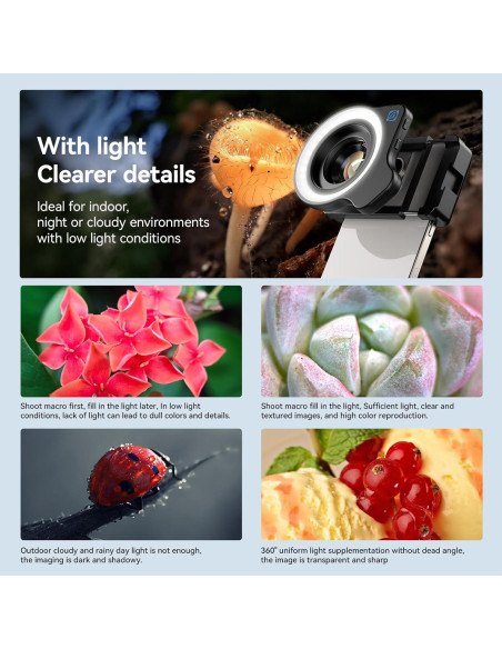 Lente Macro APEXEL 10-20X para iPhone y Android con Luz