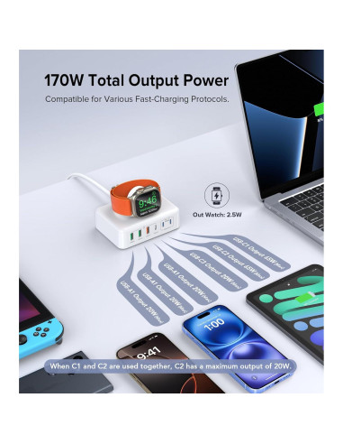 Estación de Carga USB C 170W BOVICAS 6 Puertos Rápida