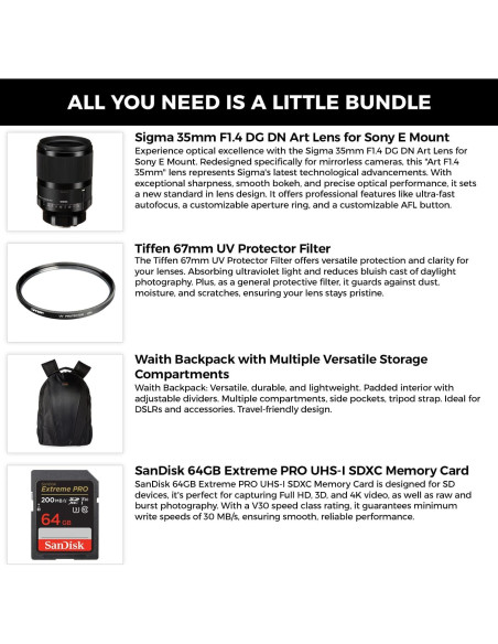 Lente Sigma 35mm f/1.4 DG DN Art para Sony E + Filtro UV Tiffen 67mm + Tarjeta 64GB