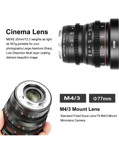 Lente Prime Meike 25mm T2.2 Enfoque Manual MFT 4K