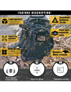 Mochila Táctica Militar Molle 39-64L Camo Negro 2