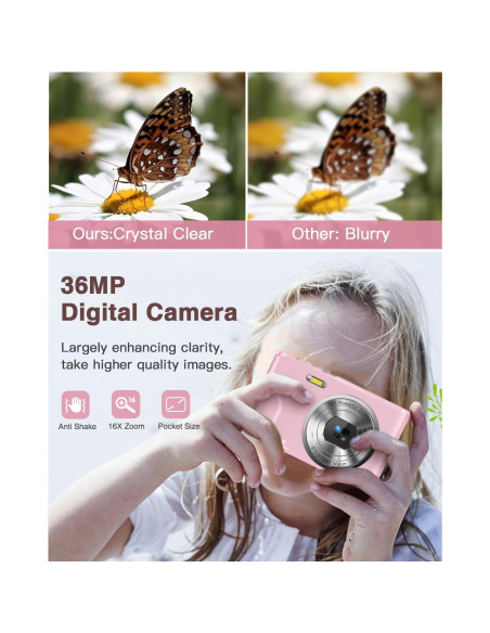 Cámara Digital Kenuo Rosa 36MP 1080P para Niños Compacta