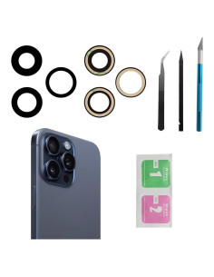 Cristal de Lente de Cámara Trasera para iPhone 15 Pro - 3 Piezas con Adhesivo y Kit de Herramientas