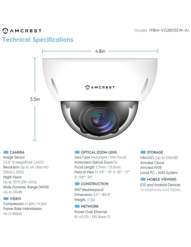 Cámara IP Dome Amcrest 8MP 4K AI PoE, Zoom Óptico 5X, IP67