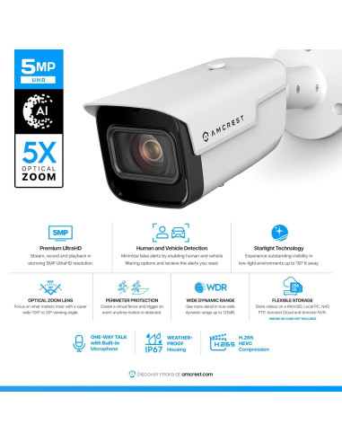 Cámara IP PoE Amcrest 5MP con Zoom Óptico 5X y AI