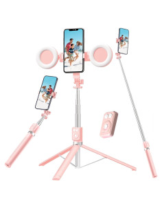 Trípode Selfie Stick Rosa con Luz LED y Control Remoto