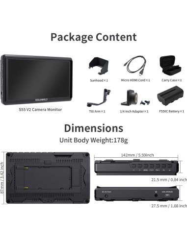 Monitor de Campo FEELWORLD S55 V3 6" FHD HDMI 4K con Batería