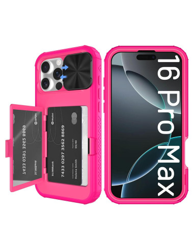 Funda billetera rosa para iPhone 16 Pro Max con espejo y soporte