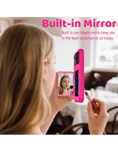 Funda billetera rosa para iPhone 16 Pro Max con espejo y soporte