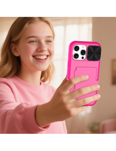 Funda billetera rosa para iPhone 16 Pro Max con espejo y soporte