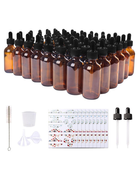 48 Botellas de Vidrio Ámbar 60 ml con Gotero y Accesorios