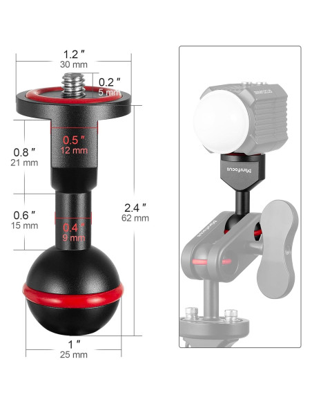 Adaptador de Bola 1" MINIFOCUS a Tornillo 1/4" - 2 Pcs
