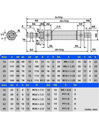 Cilindro de Aire TAILONZ 25mm Diámetro 125mm Carrera Doble