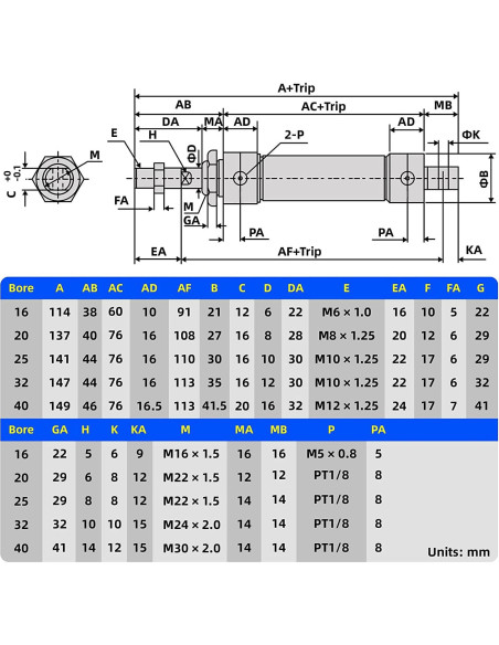 Cilindro de Aire TAILONZ 25mm Diámetro 125mm Carrera Doble
