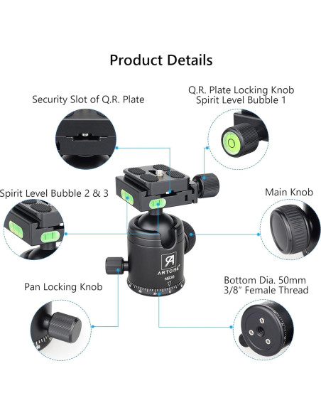 Cabezal de bola de trípode ARTCISE NB36 36mm Aluminio 15kg