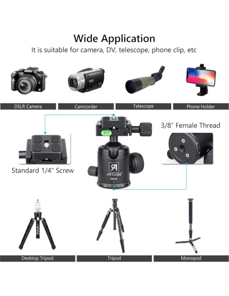 Cabezal de bola de trípode ARTCISE NB36 36mm Aluminio 15kg