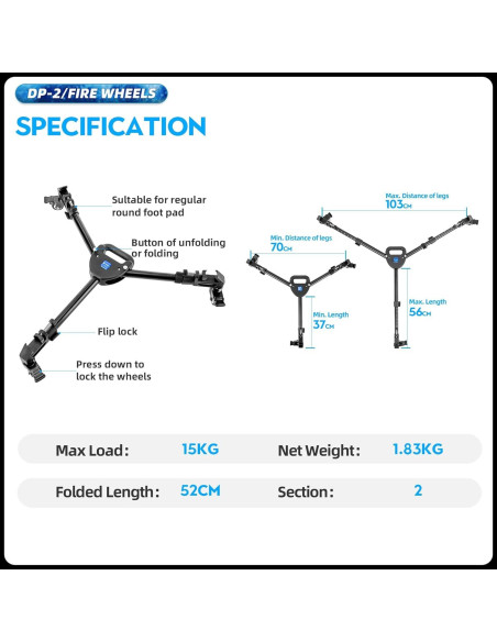 Carro Dolly de Trípode Fotopro DP-2 con Ruedas y Patas Ajustables