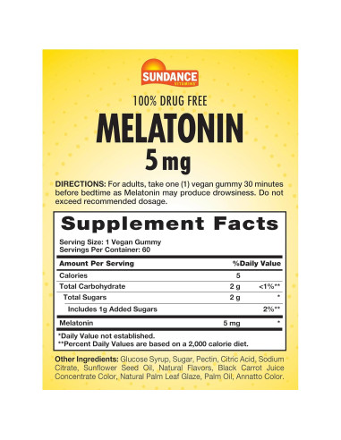 Gomitas de Melatonina Sundance 5mg - 60 Unidades - Sabor Frutas Mixtas - Veganas y Sin Gluten