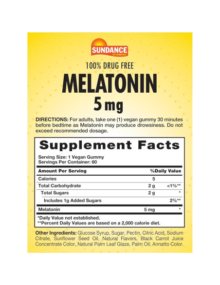 Gomitas de Melatonina Sundance 5mg - 60 Unidades - Sabor Frutas Mixtas - Veganas y Sin Gluten