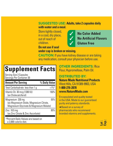 Suplemento de Magnesio Nature Made con Vitamina D3 y Zinc, 60 Cápsulas
