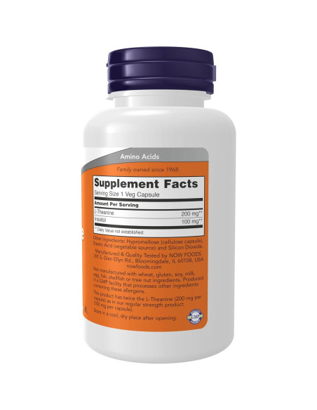 NOW Foods L-Theanine 200 mg con Inositol 120 Cápsulas Veganas