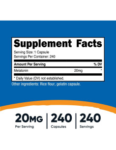 Melatonina Nutricost 20mg 240 Cápsulas Sin OGM Gluten 2