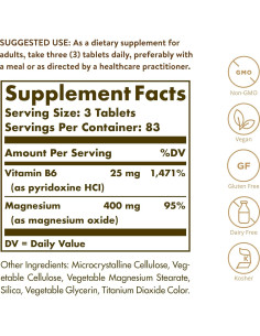 Suplemento de Magnesio con Vitamina B6 Solgar 250 Tabletas - Salud Huesos y Energía 2
