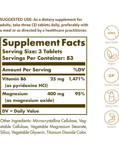 Suplemento de Magnesio con Vitamina B6 Solgar 250 Tabletas - Salud Huesos y Energía