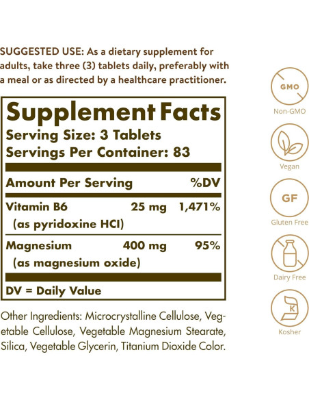 Suplemento de Magnesio con Vitamina B6 Solgar 250 Tabletas - Salud Huesos y Energía
