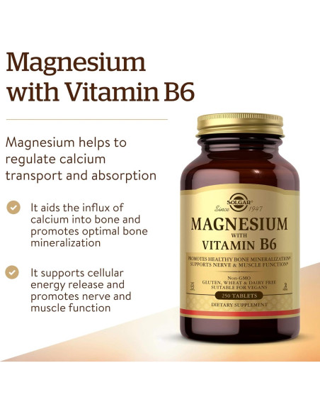Suplemento de Magnesio con Vitamina B6 Solgar 250 Tabletas - Salud Huesos y Energía